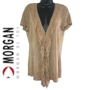 Morgan Light Shimmery Tan Front Ruffle Button Down Sweater Cardigan
